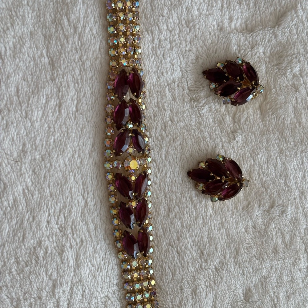 Gold tone with ABs and Purple Navette Bracelet with Matching Earrings